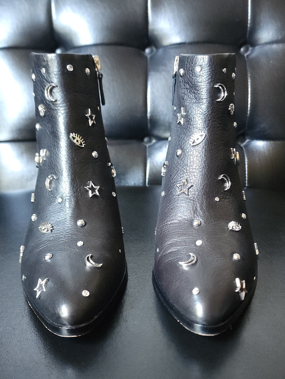 Rebecca Minkoff Lizzie Black Leather Celestial Studded Ankle Booties Size 9 - Picture 6 of 16